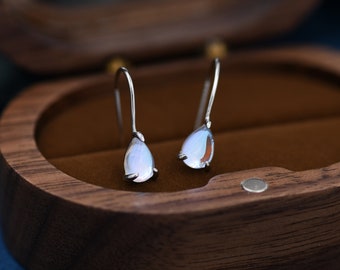 Sterling Silver Simulated Moonstone Droplet Drop Earrings in Sterling Silver, Aurora Crystal, Chunky Pear Shape Hook Earrings