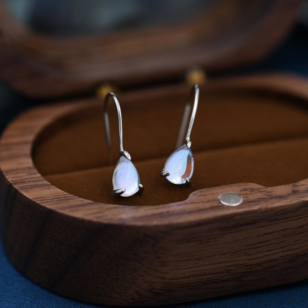 Sterling Silver Simulated Moonstone Droplet Drop Earrings in Sterling Silver, Aurora Crystal, Chunky Pear Shape Hook Earrings