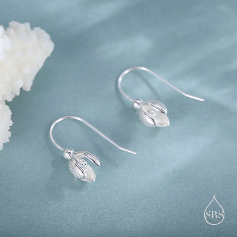 May include: A pair of silver-colored drop earrings. Each earring features a detailed, bud-shaped design with a small, round accent. The earrings hang from curved ear wires. The background is a light teal color.