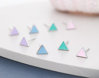 Triangle Stud Earrings in Sterling Silver with Hand Painted Enamel, Pastel Stud, Teal, Turquoise, Blue, Pink, Purple and Black, Tiny Stud