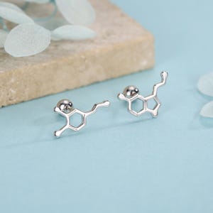 Puede incluir: Un par de pendientes plateados con forma de molécula de serotonina. Cada pendiente presenta un pequeño perno redondo y una estructura molecular detallada. Se presentan sobre una superficie azul claro.