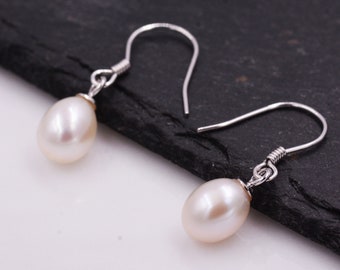 Freshwater Pearl Drop Hook Earrings in Sterling Silver, Genuine Oval Pearls, Real Pearl Drop Earrings