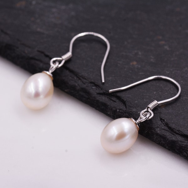 Freshwater Pearl Drop Hook Earrings in Sterling Silver, Genuine Oval Pearls, Real Pearl Drop Earrings