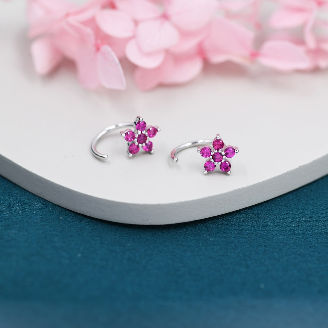 Pink CZ Flower Huggie Hoop Earrings in Sterling Silver, Gold or Silver