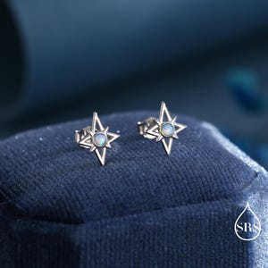 Puede incluir: Un par de pendientes de botón plateados. Cada pendiente presenta un diseño de estrella con una piedra central opalescente iridiscente. Los pendientes se exhiben sobre una superficie de terciopelo azul oscuro, creando contraste.