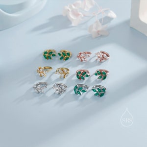 CZ Leaf Huggie Hoop Earrings in Sterling Silver, Silver or Gold or Rose Gold, Clear CZ or Green CZ Hoop Earrings