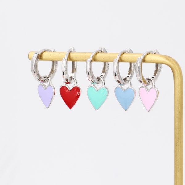 Dangling Enamel Heart Earrings in Sterling Silver, Detachable Heart Charm Dangle Hoop Earrings, Interchangeable