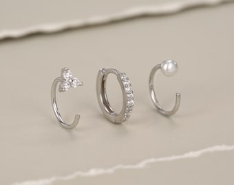 Set of Three Sterling Silver Pearl CZ Open Hoop Earrings