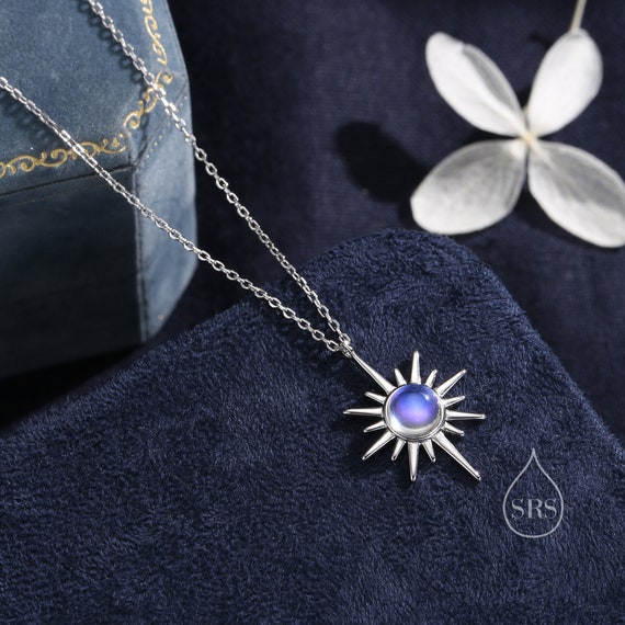 Moonstone North Star Pendant Necklace in Sterling Silver, Silver 