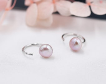 Lilac Purple Pearl Huggie Hoops in Sterling Silver, Genuine Freshwater Pearl Semi Hoop Earrings, Open Hoop Earrings, Natural Pearl Hoops