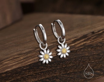 Daisy Flower Charmed Hoop Earrings in Sterling Silver - Cute Flower Blossom Huggie Hoop Earrings  -   Fun, Whimsical, Detachable Charm Hoops