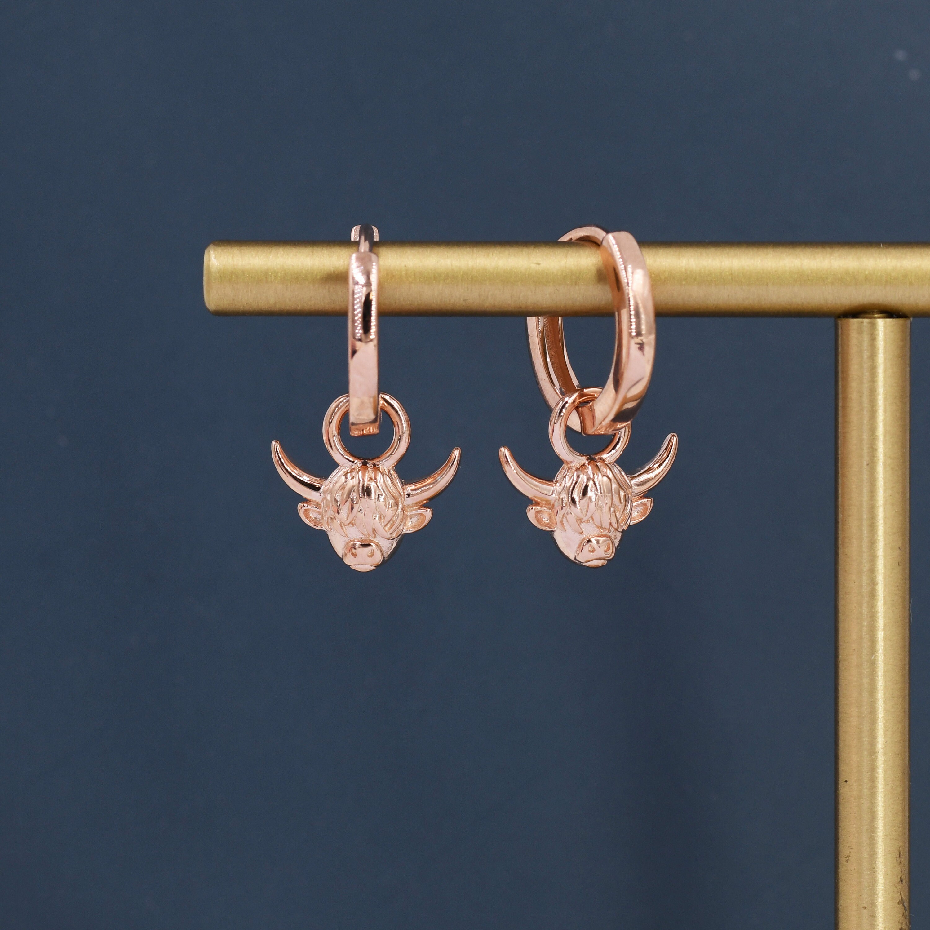 Dangling Highland Cow Huggie Hoops in Sterling Silver, Silver or Gold or Rose Gold, Highland Cow Earrings, Detachable and Interchangeable