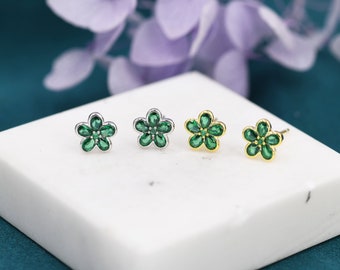 Emerald Green Flower CZ Stud Earrings in Sterling Silver, Forget Me Not Floral CZ Earrings, Silver or Gold, Flower CZ Earrings