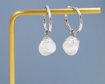 Irregular Shaped Baroque Pearl Dangle Hoop Earrings in Sterling Silver, Detachable Petal Pearl 12mm Hoop Earrings, Keshi Pearls