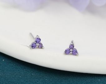 Extra Small Trinity CZ Stud Earrings in Sterling Silver - Three Dot - Gold or Silver -  Amethyst pruple