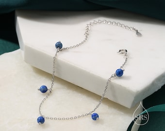 Pulseira de Lápis-lazúli em Prata de Lei, Pulseira de Contas de Lápis-lazúli, Pulseira de Lápis-lazúli em Prata