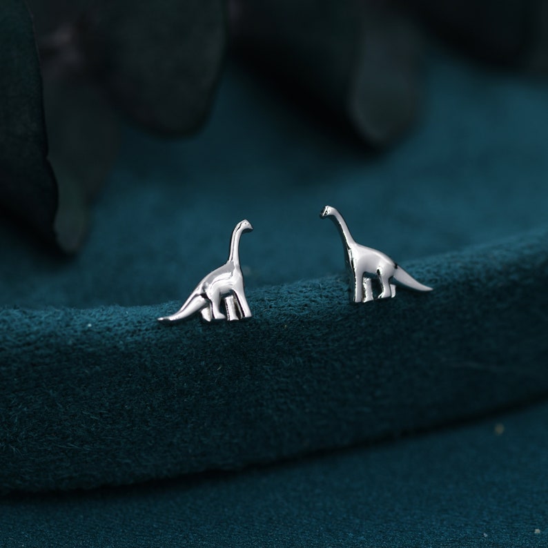 May include: A pair of silver dinosaur earrings. The earrings are small and delicate, and they feature a simple design.