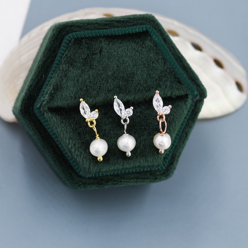 Marquise CZ Pair with Baroque Pearl Dangle Earrings in Sterling Silver, Delicate Keshi Pearl Drop Earrings, Genuine Freshwater Pearls image 2