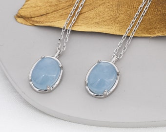 Genuine Aquamarine Crystal Oval Necklace in Sterling Silver, Oval Cabochon Natural Aquamarine Necklace, March Birthstone