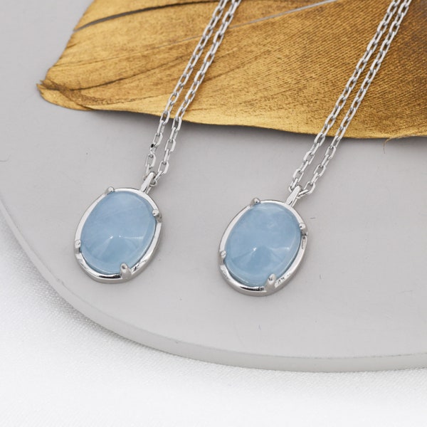 Genuine Aquamarine Crystal Oval Necklace in Sterling Silver, Oval Cabochon Natural Aquamarine Necklace, March Birthstone