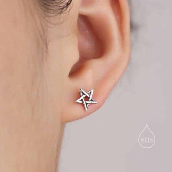 Pentagram Stud Earrings in Sterling Silver, Polished or Oxidised Finish, Pentagram Star Earrings, Star Stud