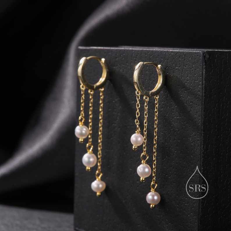 Natural Freshwater Pearl Trio Huggie Hoop Earrings in Sterling Silver, Pearl Cascade Dangle Chain Earrings, Gold and Silver image 4