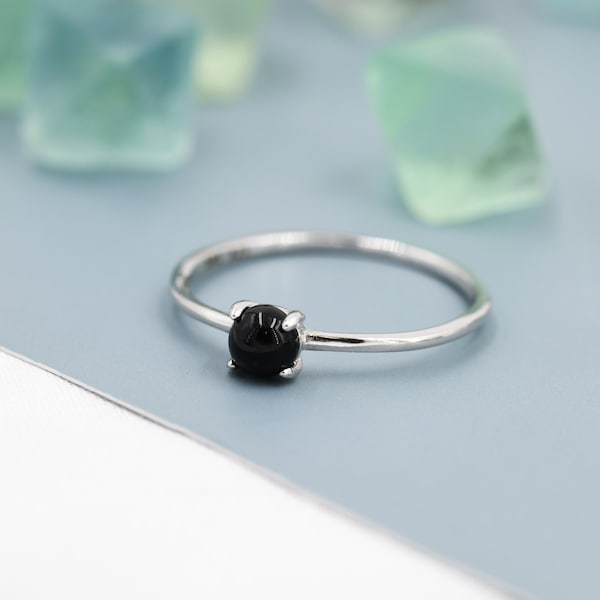 Schwarzer Onyx Ring in Sterling Silber, US 5 - 8, Natürlicher Peridot Ring, Einfacher Edelstein Ring, Halbedelstein, Echter Stein