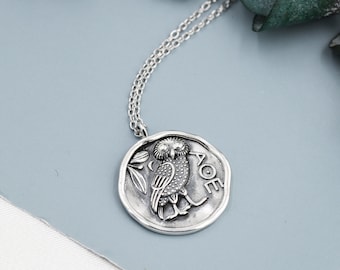 Collar colgante de moneda griega de plata de ley - collar de moneda de búho, collar de moneda de búho de Atenea en plata, moneda griega antigua inspirada