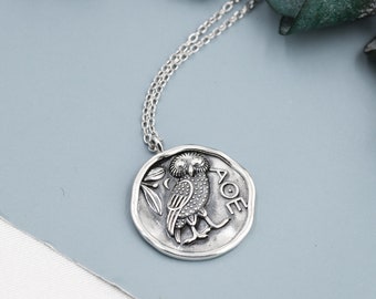 Sterling Silver Greek Coin Pendant Necklace - Owl Coin Necklace , Owl of Athena Coin Necklace in Silver, Ancient Greek Coin Inspired