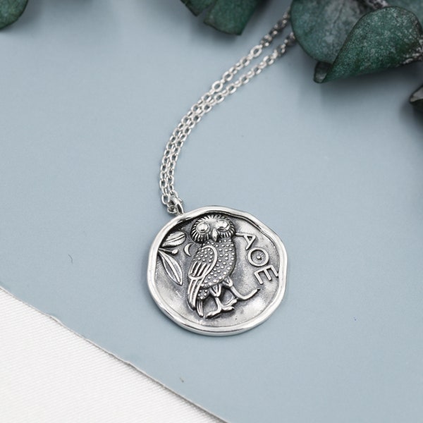 Sterling Silver Greek Coin Pendant Necklace - Owl Coin Necklace , Owl of Athena Coin Necklace in Silver, Ancient Greek Coin Inspired