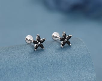 Sterling Silver Black CZ Flower 16G Flat Back Earrings