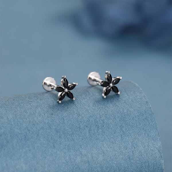 Sterling Silver Black CZ Flower 16G Flat Back Earrings