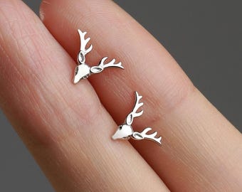 Small Stag Head Stud Earrings in Sterling Silver, Silver, Gold or Rose Gold, Stag Deer Earrings, Animal Earrings, Small Animal Earrings