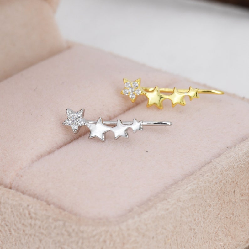 CZ Star Crawler Earrings in Sterling Silver, Silver or Gold, Four Star Earrings, Ear Climbers, Celestial Earrings image 5
