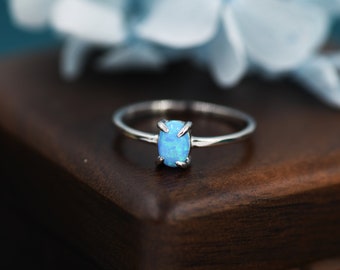 Blue Opal Oval Ring in Sterling Silver, US 5 - 8, 4x6mm, Lab Opal Stone Ring, Blue Opal Ring