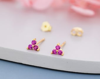 Extra Tiny Tree Dot Ruby Pink CZ Stud Earrings in Sterling Silver, Silver or Gold, Three Dot Trinity Ruby Red Earrings