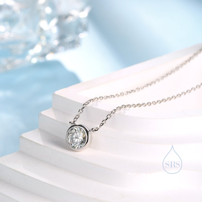 1 Carat Moissanite Solitaire Bezel Pendant Necklace in Sterling Silver, 1 Ct Moissanite Diamond Bubble Necklace, 6.5mm Moissanite image 5