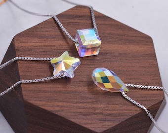 Sterling Silver Tiny Little Colour Changing Crystal Pendant Necklace  - Minimalist Design -  Square Cube, Droplet and Star - 16'' - 18''