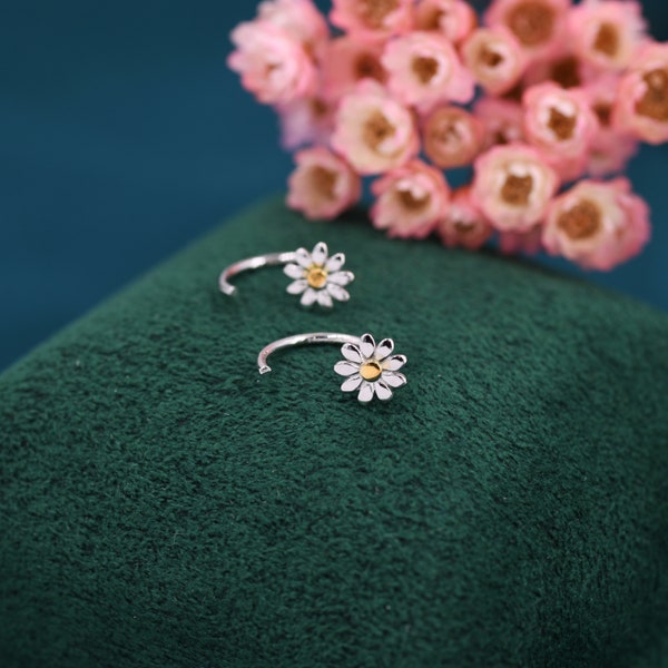 Blommiga Huggie Hoops-örhängen i sterlingsilver, böjda stolparörhängen, öppna ringar, genomgående örhängen med trädare,