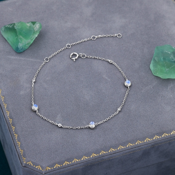 Round Rainbow Moonstone Petite Sterling Silver Slide - Chain Included Round Rainbow Moonstone Petite Sterling Silver Slide - Chain Included