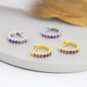 Amethyst Purple Ombre CZ Huggie Hoops in Sterling Silver, Silver or Gold, Minimalist Hoop Earrings, 8mm Hoops, cartilage hoops, Gradient