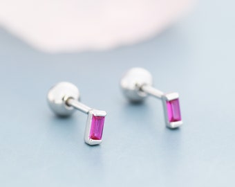 Extra Tiny Ruby Pink Baguette CZ Screw Back Earrings in Sterling Silver, Silver or Gold, Stacking Earrings, Barbell Earrings, Ruby Red