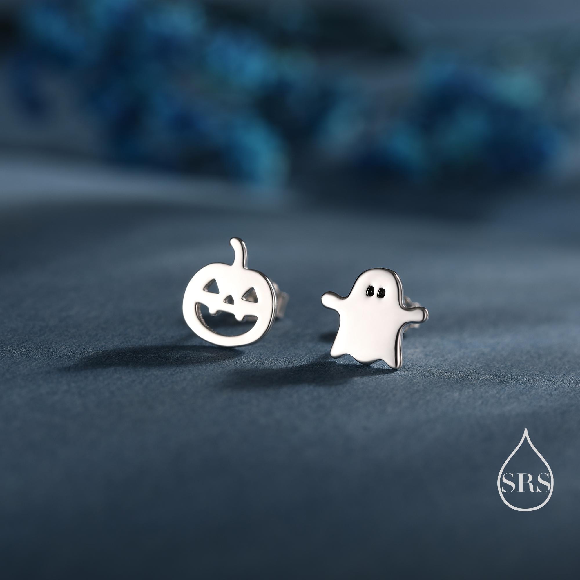 Mismatched Carved Pumpkin  and Ghost Stud Earrings in Sterling Silver,  Silver, Gold or Rose Gold, Fun and Quirky Halloween Earrings