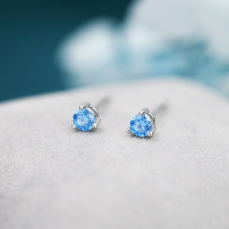 Aquamarine Blue CZ Stud Earrings in Sterling Silver, 3mm, Three Prong, Blue Stacking Earrings image 4