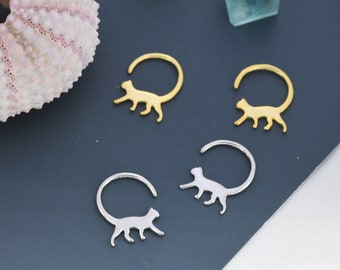 Tiny Cat Hoop Earrings in Sterling Silver, Silver or Gold, Minimalist Cat Silhouette Earrings, Simple Cat Earrings