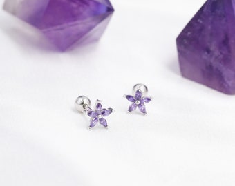 Sterling Silver Purple Amethyst CZ Flower Barbell Earrings,  Silver or Gold, Marquise CZ Screw Back Earrings, Stacking Earrings