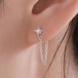 Starburst CZ Dangle Chain Stud Earrings in Sterling Silver, Silver, Gold, North Star Earrings, Star Ear Jacket, Star Earrings