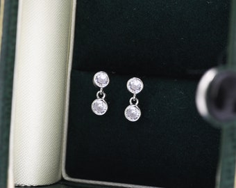Double CZ Dangle Stud Earrings in Sterling Silver, Silver or Gold, Two CZ Bezel Earrings, Solid Silver Crystal Earrings