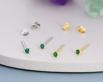 Extra Tiny 2mm Emerald Green CZ Stud Earrings in Sterling Silver, Barely Visible Stud Earrings, 2mm Emerald Earrings, Tiny Crystal Earrings