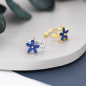 Manchette d'oreille fleur CZ bleu saphir en argent sterling, argent ou or, boucles d'oreilles simples sans piercing, manchette d'oreille minimaliste